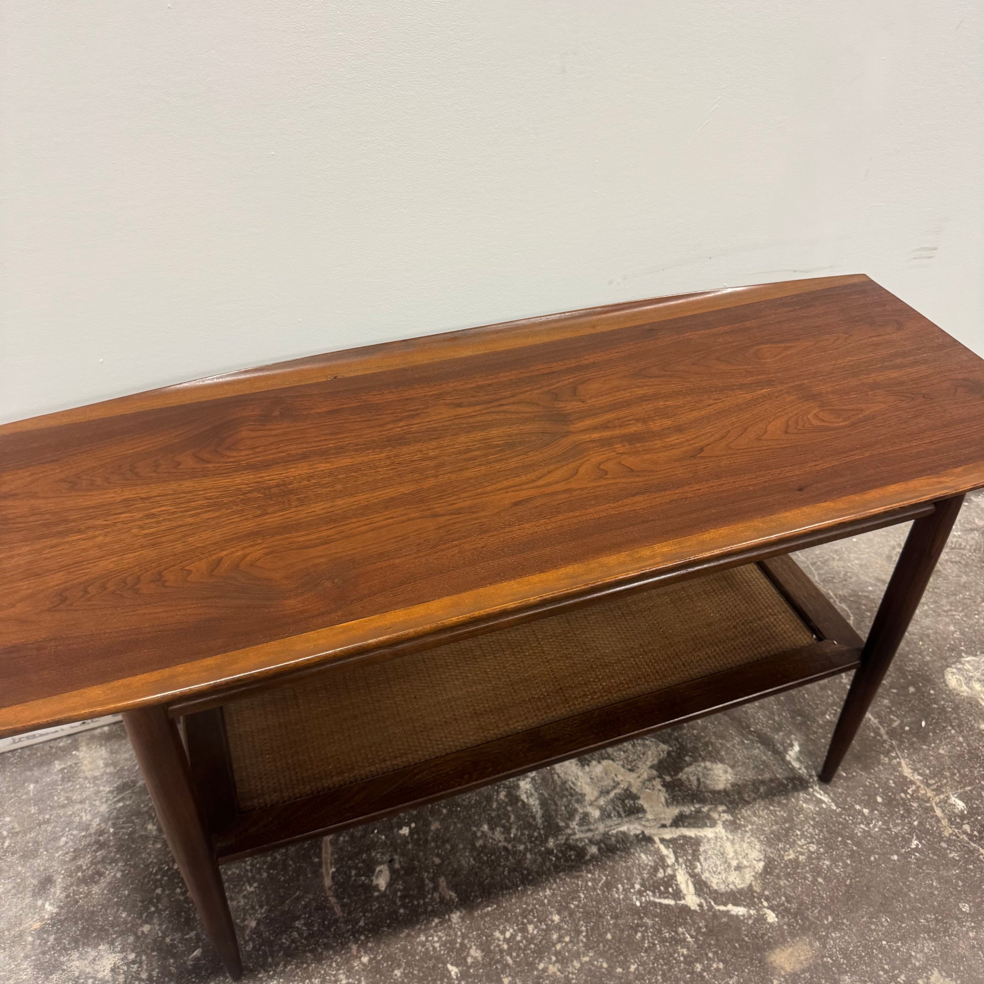 Bassett Walnut & Rattan Console Table — Professionally Refinished