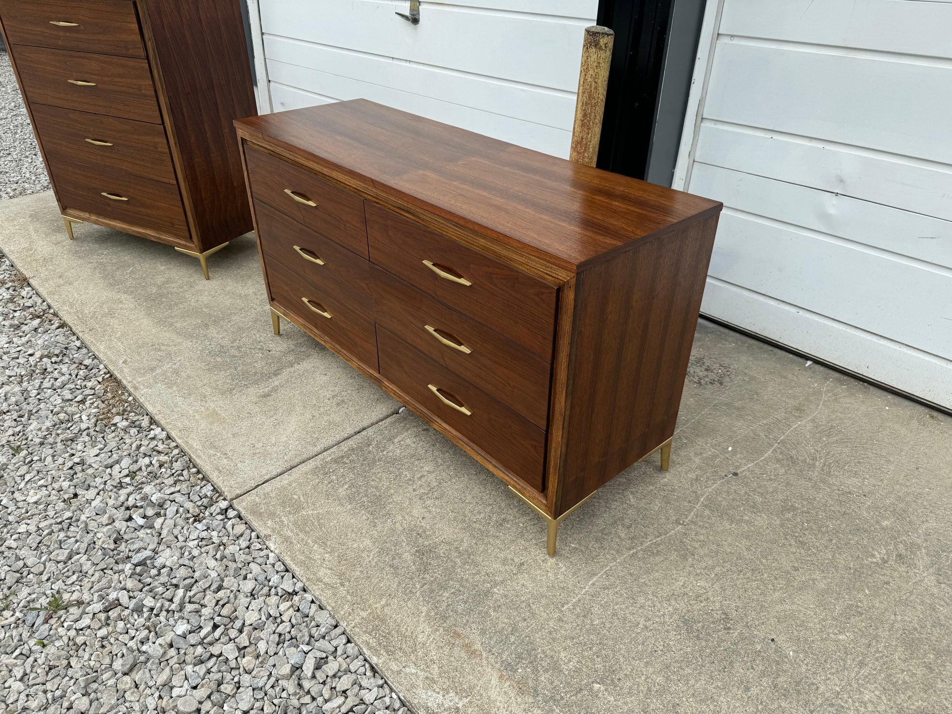 Midcentury Dresser Set - Six-Drawer Dresser and Highboy - Warm Amber Walnut Tone with Gold Legs and Hardware - Ohio Vintage