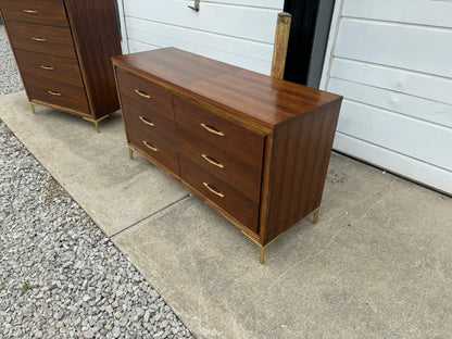 Midcentury Dresser Set - Six-Drawer Dresser and Highboy - Warm Amber Walnut Tone with Gold Legs and Hardware - Ohio Vintage