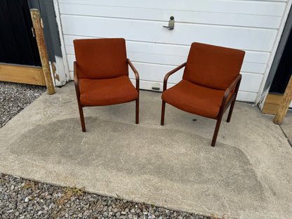 Midcentury Modern Walnut Chairs by Dependable Furniture Mfg. - Retro Orange Upholstery