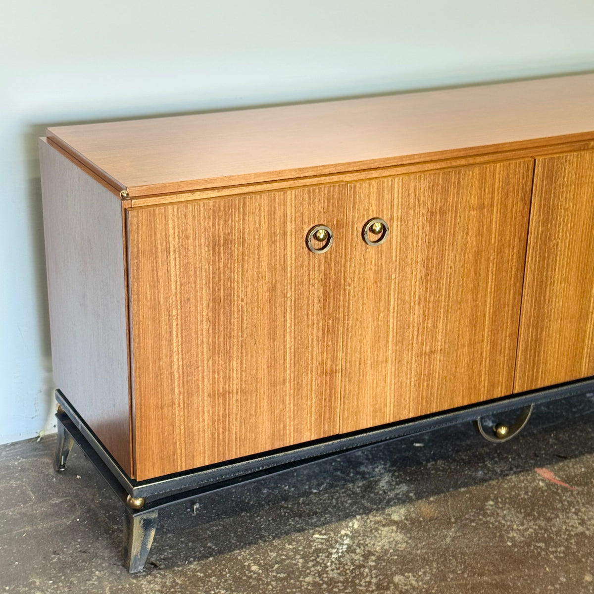 Vintage MCM Hollywood Regency Mahogany Credenza — Black Iron & Brass Base