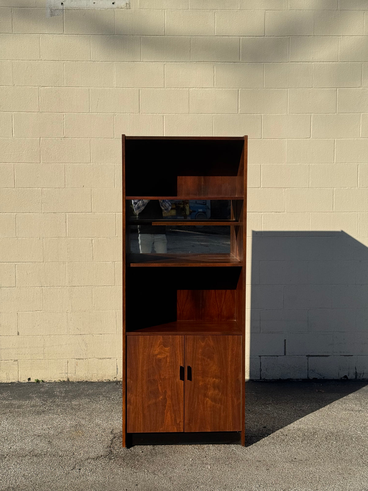 Midcentury Walnut Bookcase — Staggered Shelving & Cabinet Base