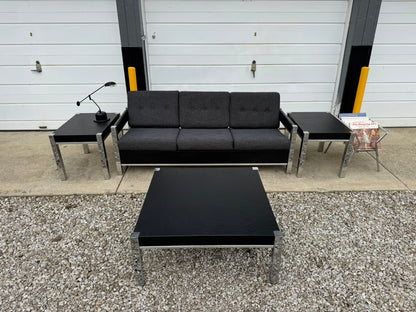 Black Midcentury Couch with Three Matching End Tables – Newly Upholstered