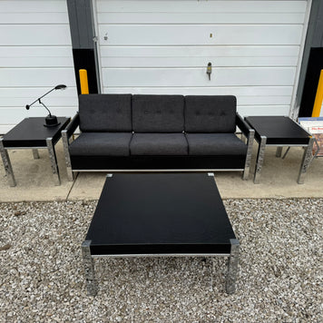 Black Midcentury Couch with Three Matching End Tables – Newly Upholstered