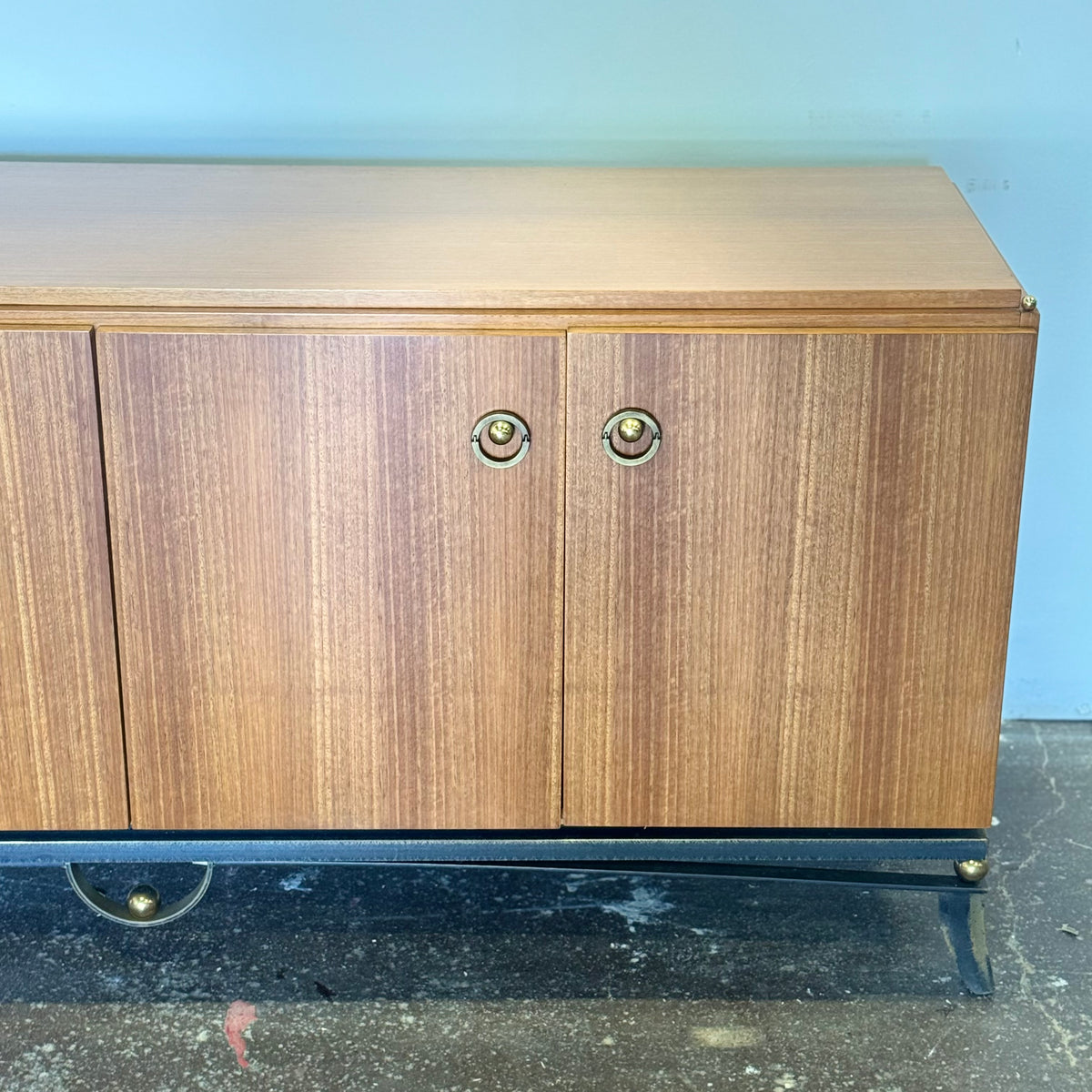 Vintage MCM Hollywood Regency Mahogany Credenza — Black Iron & Brass Base
