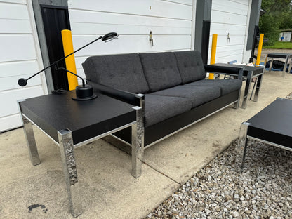 Black Midcentury Couch with Three Matching End Tables – Newly Upholstered