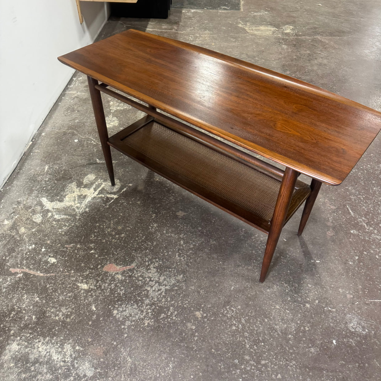 Bassett Walnut & Rattan Console Table — Professionally Refinished