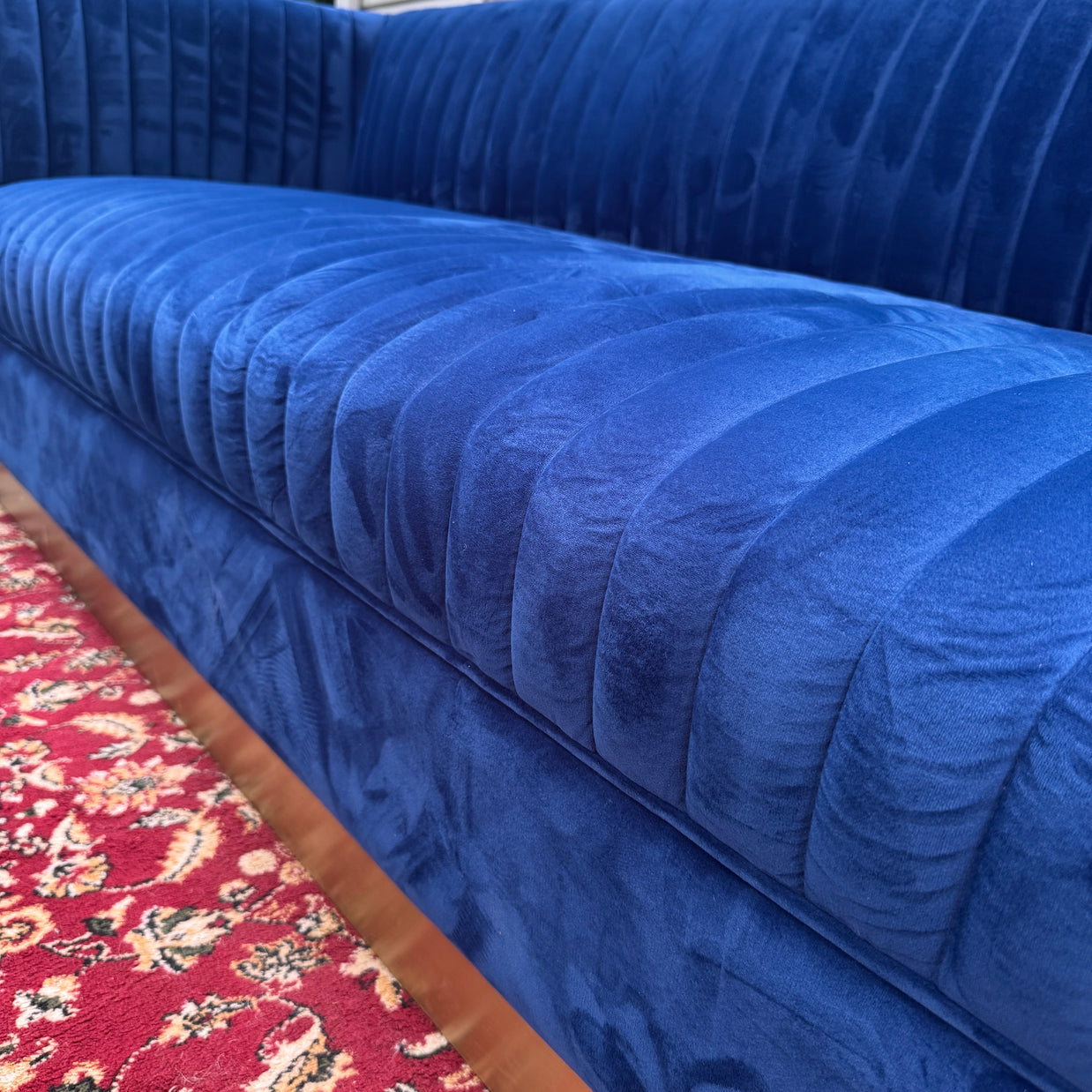 Art Deco Channel Tufted Velvet Sofa — Brass Plinth Base