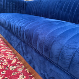 Art Deco Channel Tufted Velvet Sofa — Brass Plinth Base
