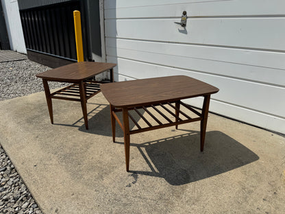 Lane Furniture Company – Pair of Formica Top End Tables with Spoked Bottom (30” L x 20” W x 19” T)