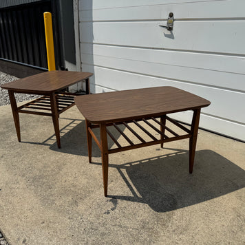 Lane Furniture Company – Pair of Formica Top End Tables with Spoked Bottom (30” L x 20” W x 19” T)