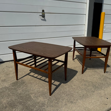 Lane Furniture Company – Pair of Formica Top End Tables with Spoked Bottom (30” L x 20” W x 19” T)