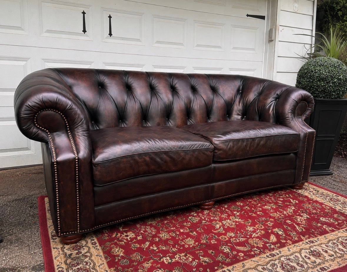 High-End Brown Leather Chesterfield Sofa — English Club | Professionally Restored