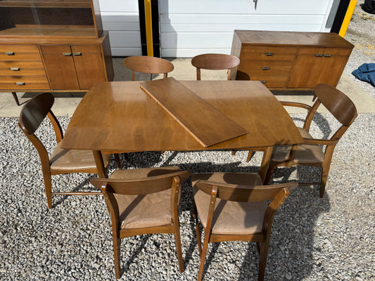 Midcentury Walnut Dining Set – Table, Chairs, Credenza & China Cabinet (Refinished Upon Sale))
