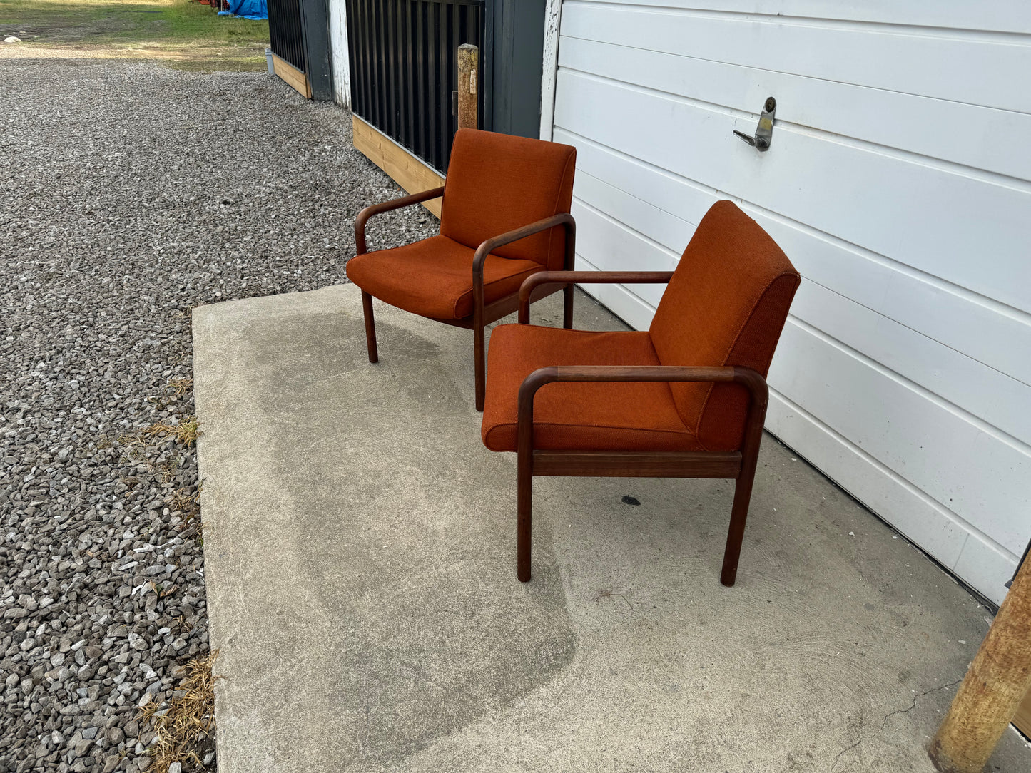 Midcentury Modern Walnut Chairs by Dependable Furniture Mfg. - Retro Orange Upholstery