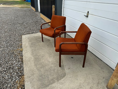 Midcentury Modern Walnut Chairs by Dependable Furniture Mfg. - Retro Orange Upholstery