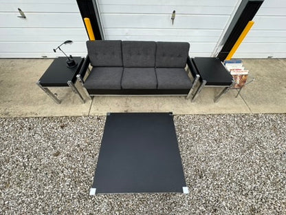 Black Midcentury Couch with Three Matching End Tables – Newly Upholstered