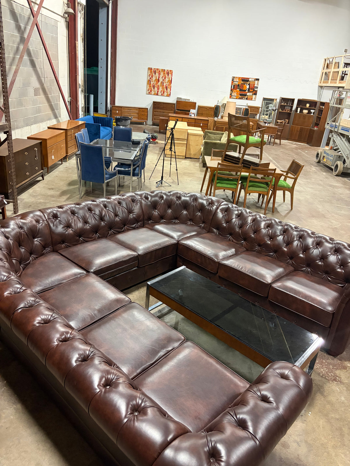 Oversized Brown Leather Chesterfield Modular Sectional Sofa