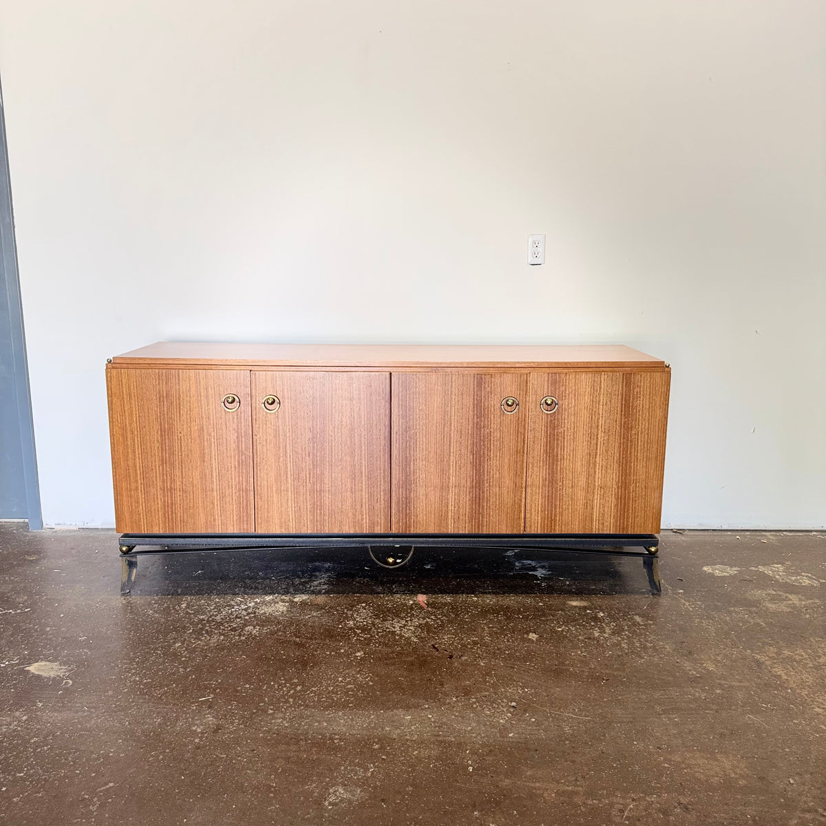 Vintage MCM Hollywood Regency Mahogany Credenza — Black Iron & Brass Base