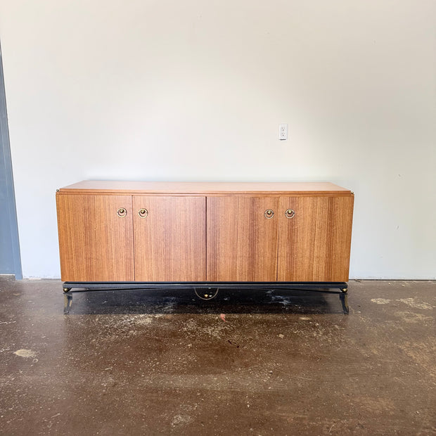 Vintage MCM Hollywood Regency Mahogany Credenza — Black Iron & Brass Base