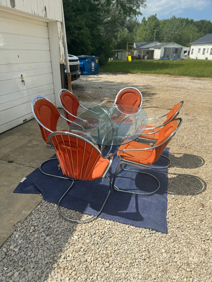 Midcentury Cantilever Dining Set - Chrome Chairs with Retro Orange Cushions and Chrome Table with Solid One-Piece Glass Top