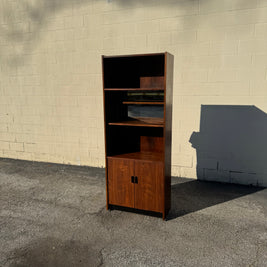 Midcentury Walnut Bookcase — Staggered Shelving & Cabinet Base