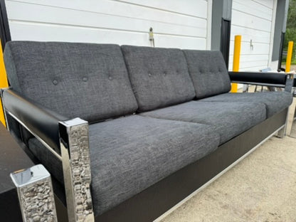 Black Midcentury Couch with Three Matching End Tables – Newly Upholstered