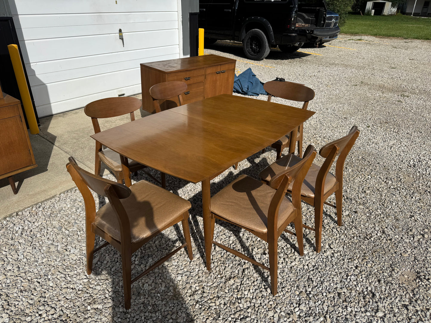 Midcentury Walnut Dining Set – Table, Chairs, Credenza & China Cabinet (Refinished Upon Sale))