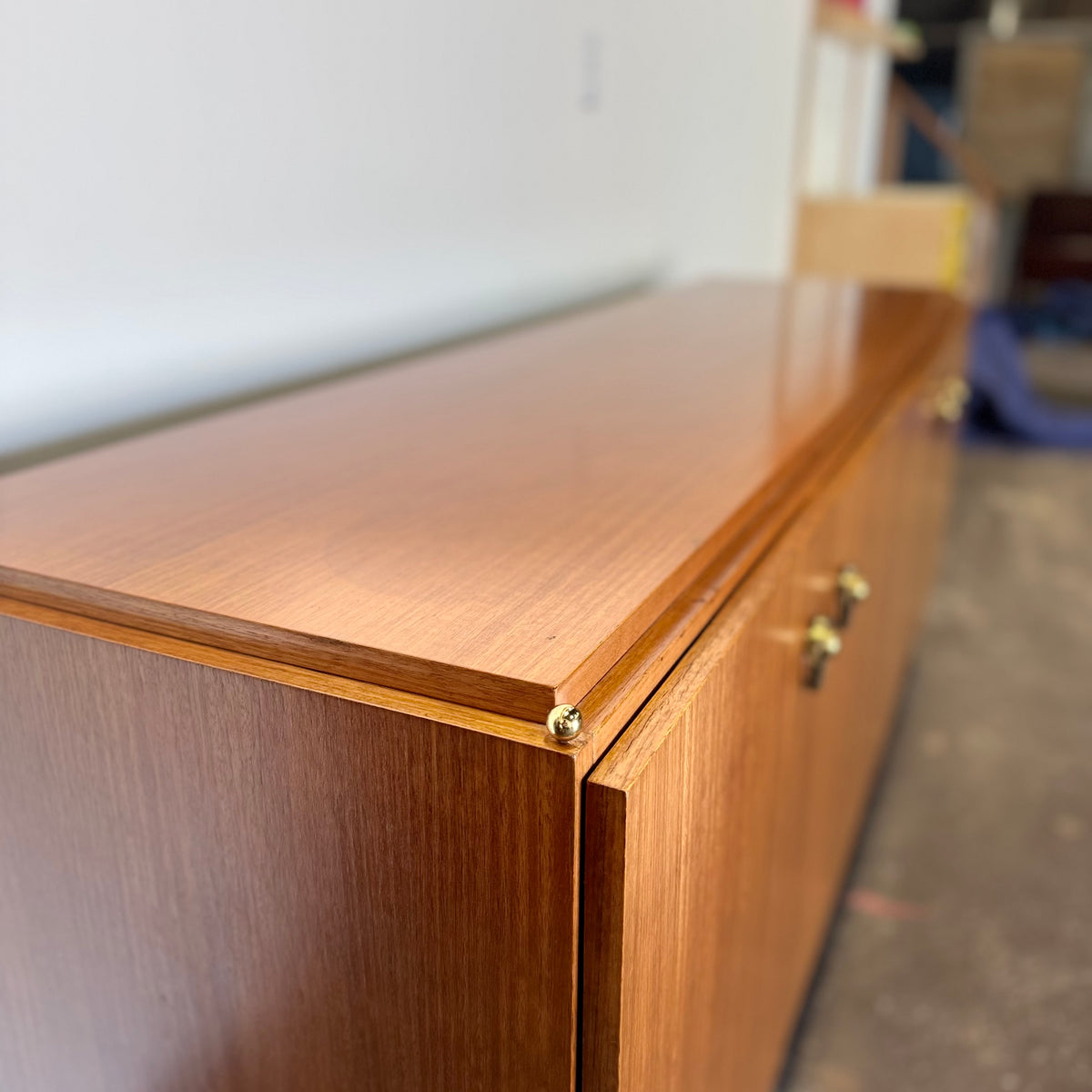 Vintage MCM Hollywood Regency Mahogany Credenza — Black Iron & Brass Base