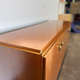Vintage MCM Hollywood Regency Mahogany Credenza — Black Iron & Brass Base