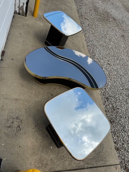 Retro Black & Gold Coffee Table with Mirror Top + Pair of Matching End Tables ✨