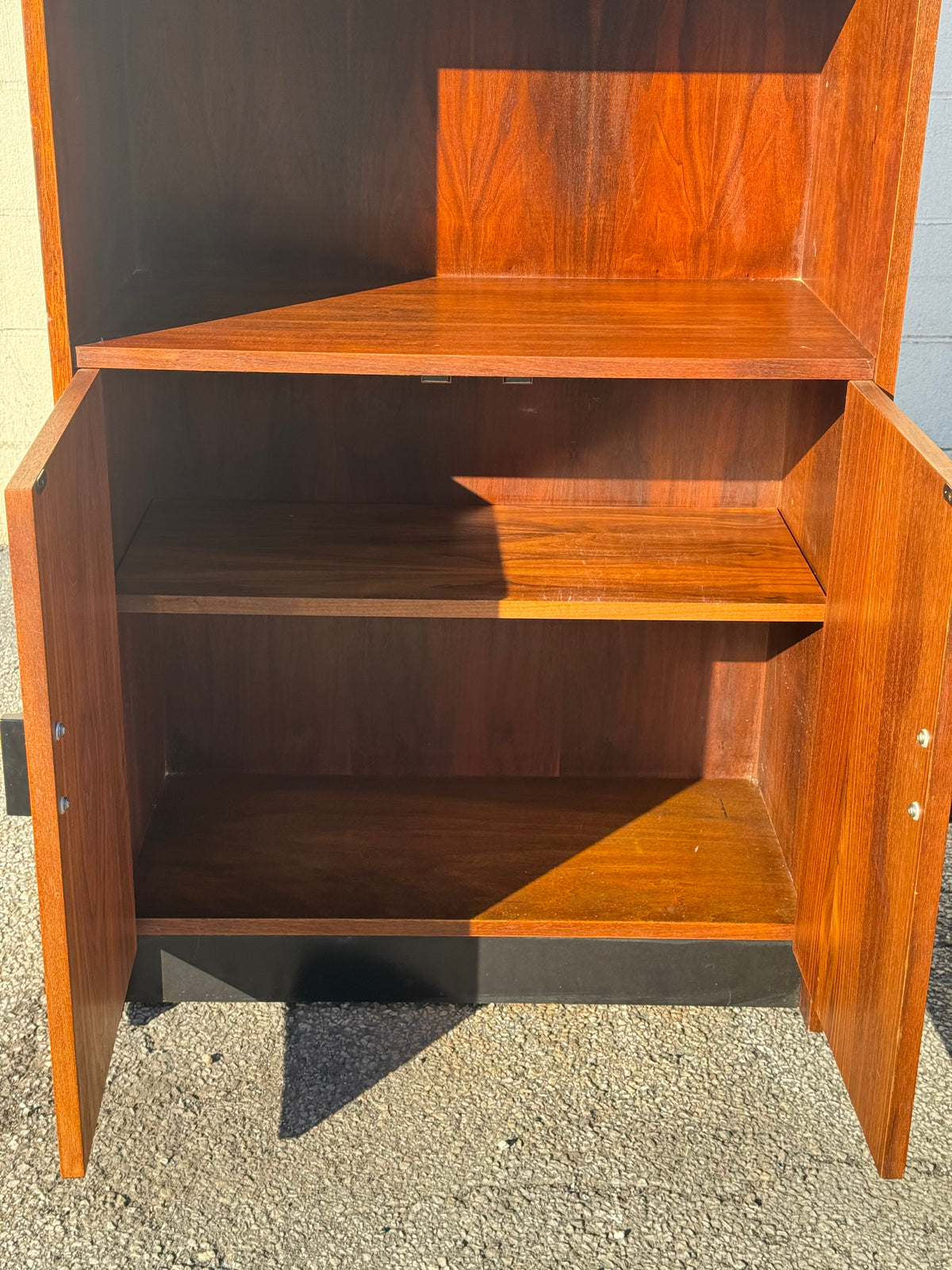Midcentury Walnut Bookcase — Staggered Shelving & Cabinet Base