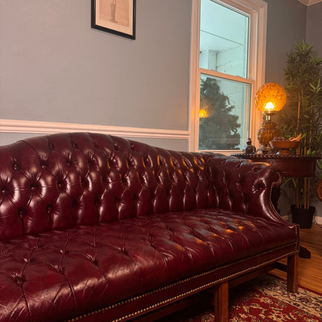 Leather Camelback Chesterfield Sofa — Brass Nailhead & Bun Feet