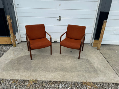Midcentury Modern Walnut Chairs by Dependable Furniture Mfg. - Retro Orange Upholstery