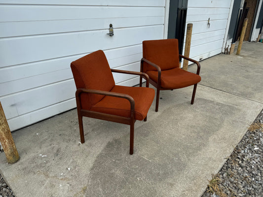 Midcentury Modern Walnut Chairs by Dependable Furniture Mfg. - Retro Orange Upholstery