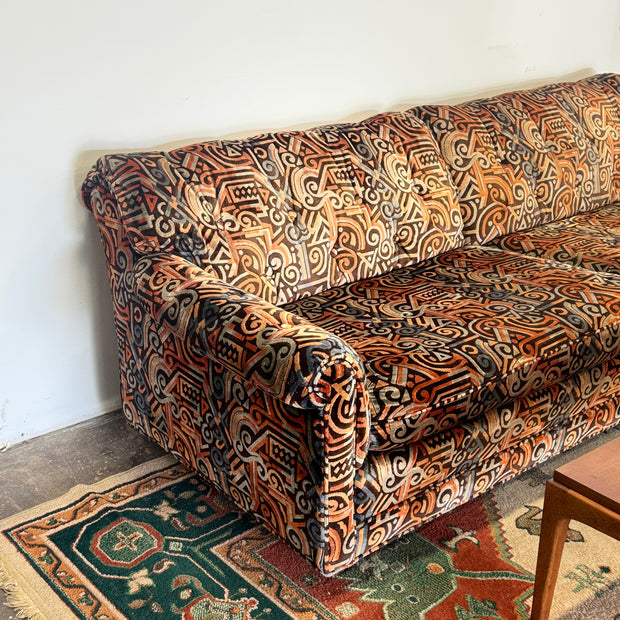 1960s Midcentury Geometric Sofa — Original Aztec Velvet Upholstery