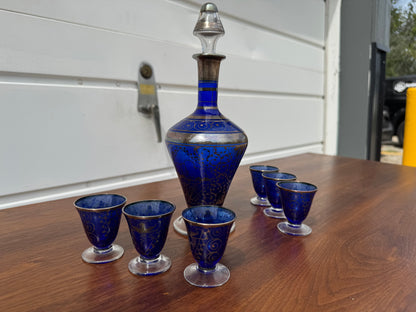 Vintage Blue Glass Decanter with Six Shot Glasses – Barware Set 🍸✨