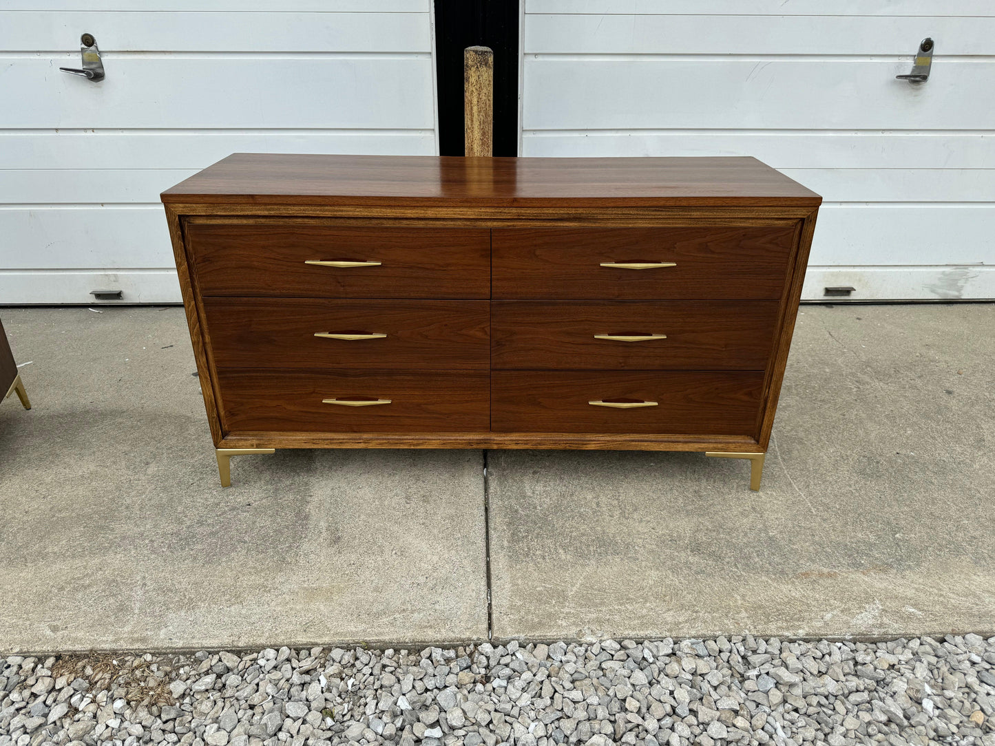 Midcentury Dresser Set - Six-Drawer Dresser and Highboy - Warm Amber Walnut Tone with Gold Legs and Hardware - Ohio Vintage