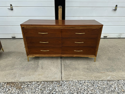 Midcentury Dresser Set - Six-Drawer Dresser and Highboy - Warm Amber Walnut Tone with Gold Legs and Hardware - Ohio Vintage