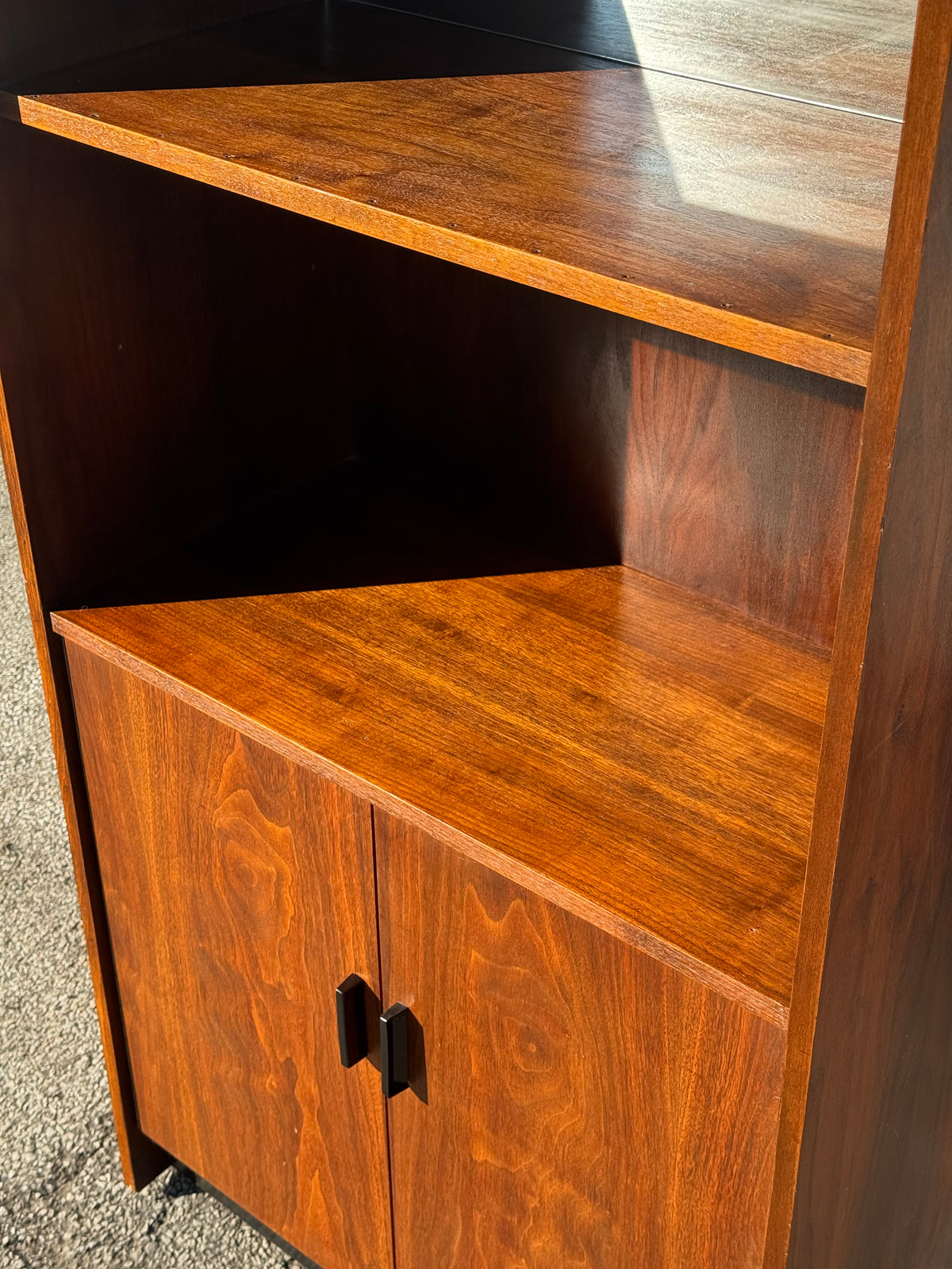 Midcentury Walnut Bookcase — Staggered Shelving & Cabinet Base
