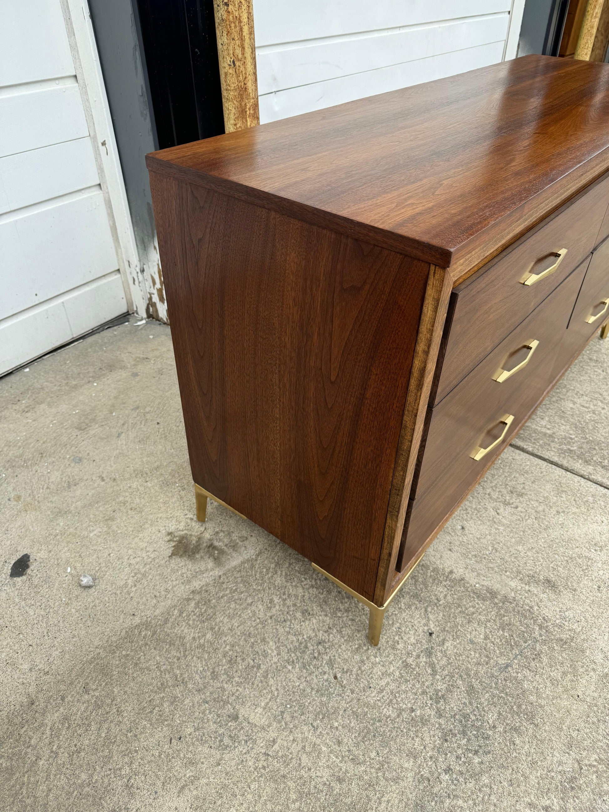 Midcentury Dresser Set - Six-Drawer Dresser and Highboy - Warm Amber Walnut Tone with Gold Legs and Hardware - Ohio Vintage
