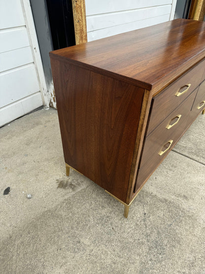 Midcentury Dresser Set - Six-Drawer Dresser and Highboy - Warm Amber Walnut Tone with Gold Legs and Hardware - Ohio Vintage