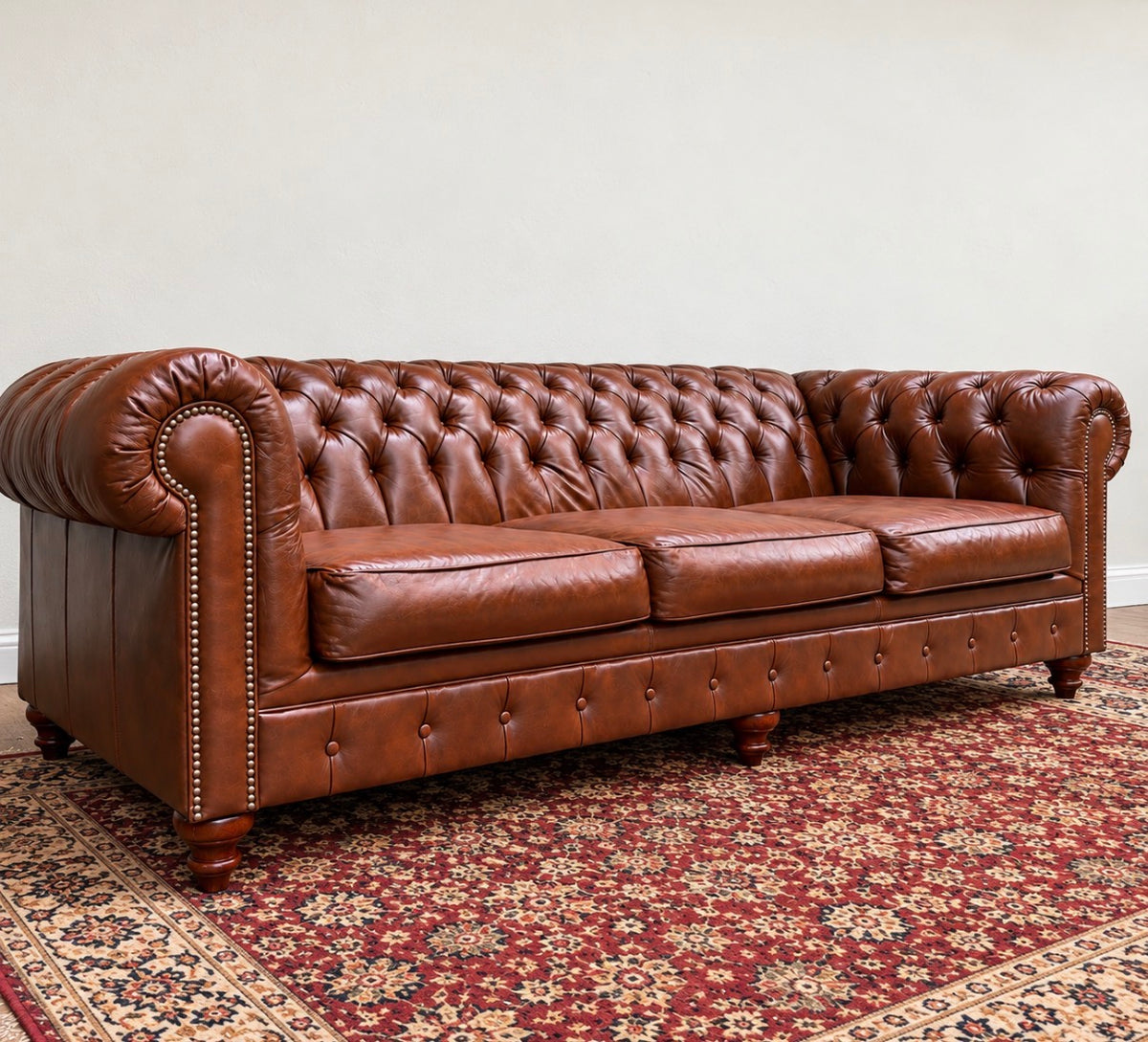 England Furniture Cognac Leather Chesterfield Sofa | Deep Tufted | Nailhead Trim