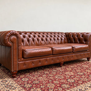 England Furniture Cognac Leather Chesterfield Sofa | Deep Tufted | Nailhead Trim
