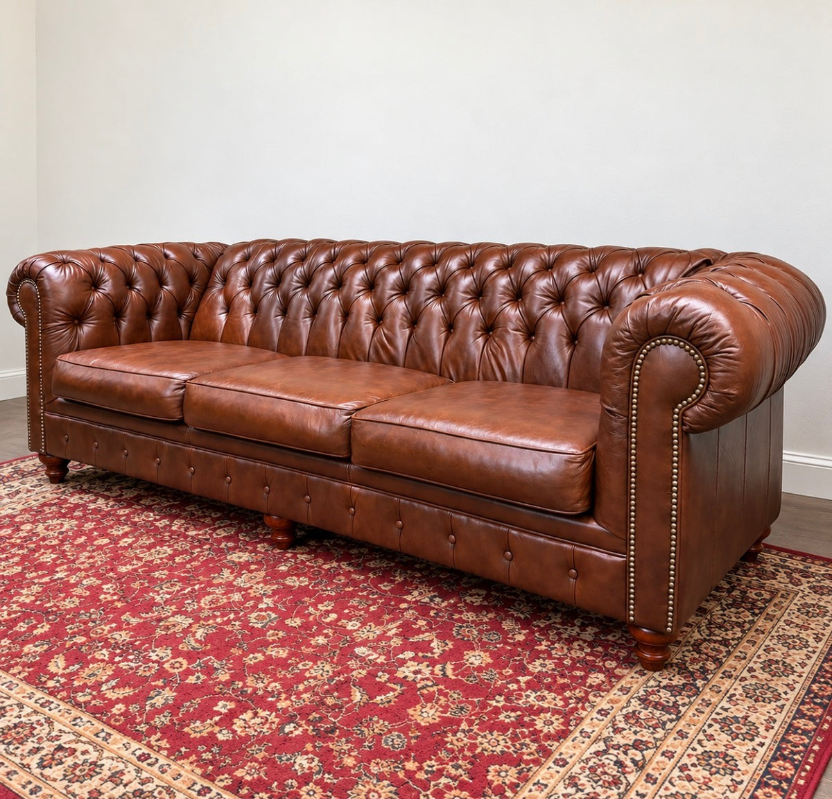 England Furniture Cognac Leather Chesterfield Sofa | Deep Tufted | Nailhead Trim