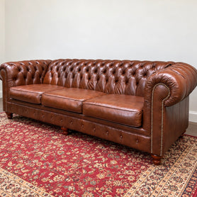 England Furniture Cognac Leather Chesterfield Sofa | Deep Tufted | Nailhead Trim