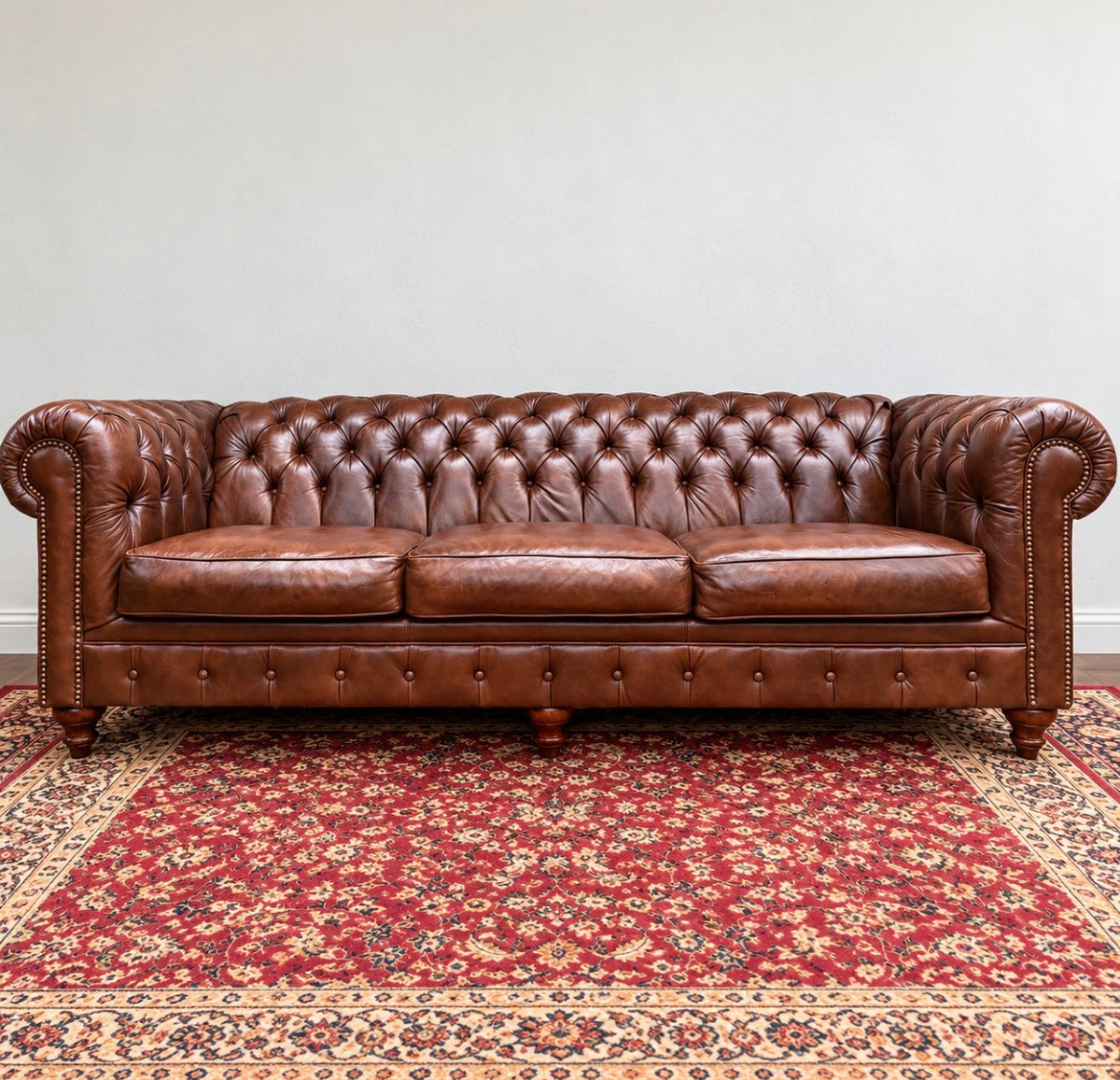 England Furniture Cognac Leather Chesterfield Sofa | Deep Tufted | Nailhead Trim
