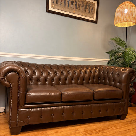 English Leather Chesterfield Sofa | Rich Brown Leather | 78”