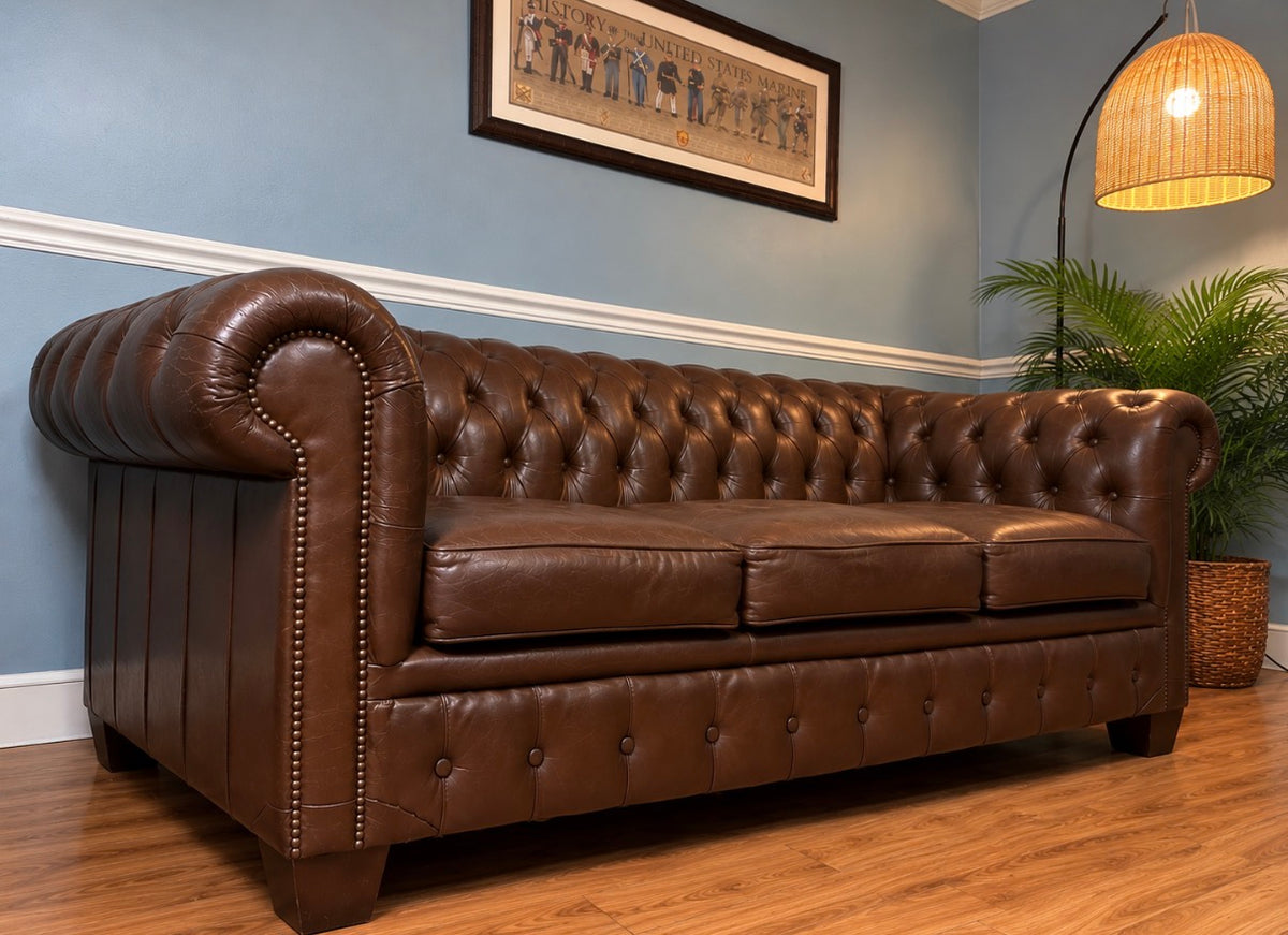 English Leather Chesterfield Sofa | Rich Brown Leather | 78”