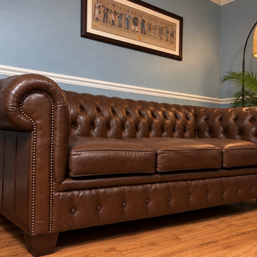 English Leather Chesterfield Sofa | Rich Brown Leather | 78”